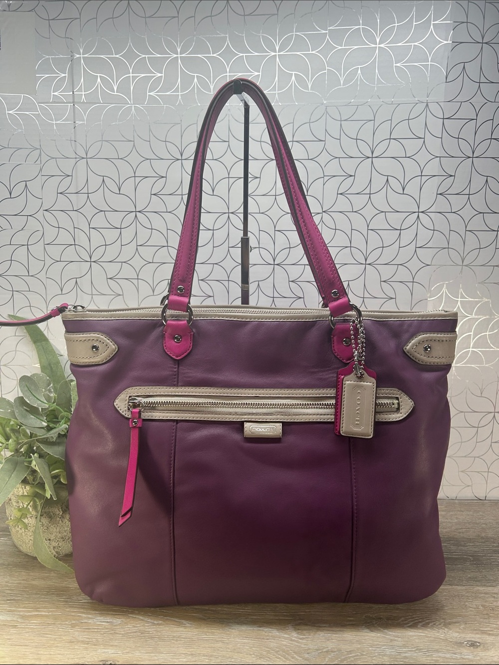 NWT Coach Purple Leather Shoulder Tote with Pink Trim